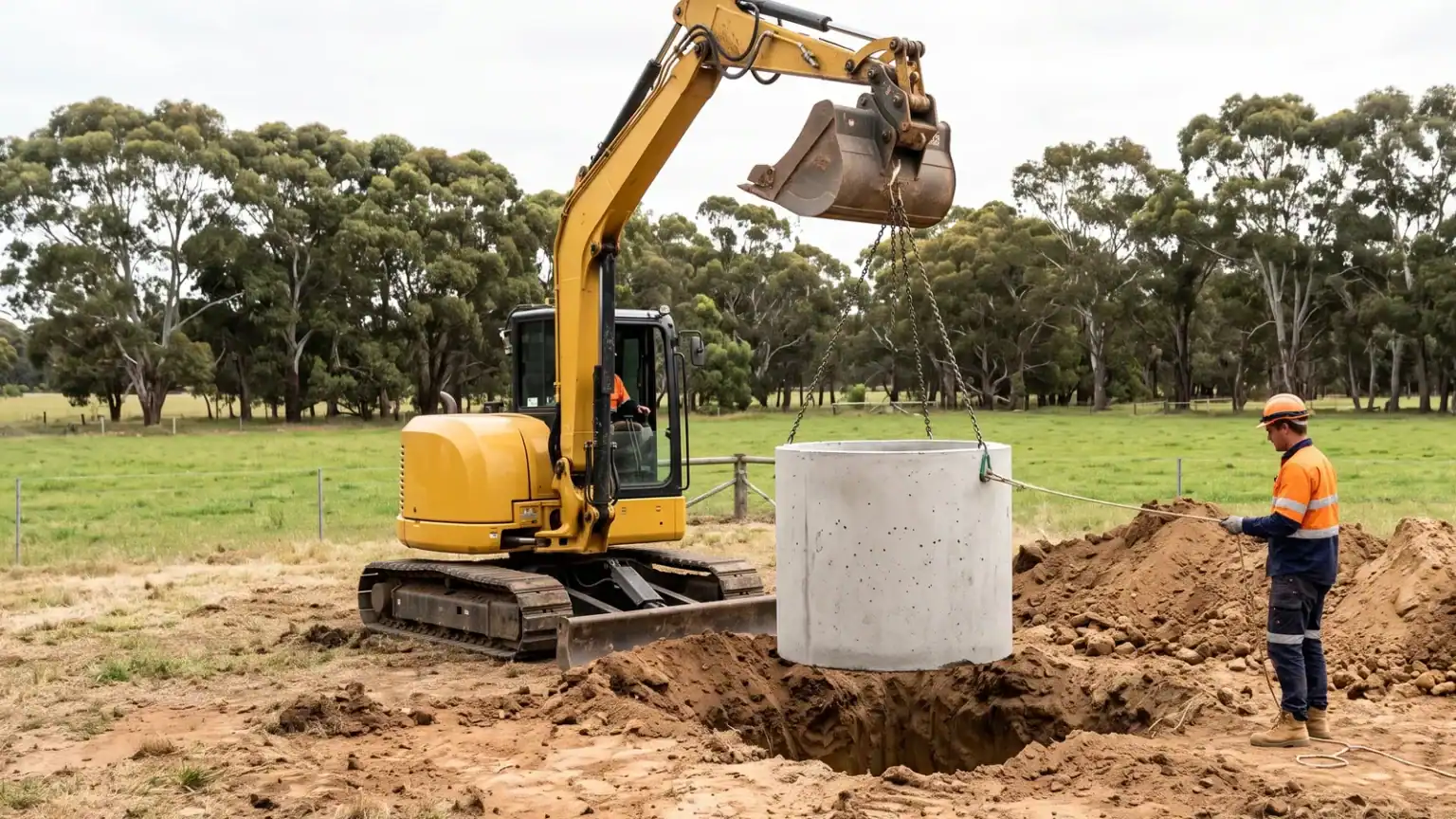 An excavator lowering a plain concrete septic tank into a dug hole on a rural Australian property