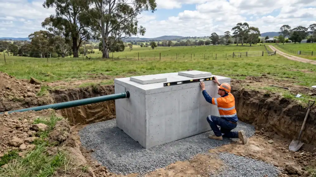 Concrete septic tank set level in an excavation with the inlet pipe connected