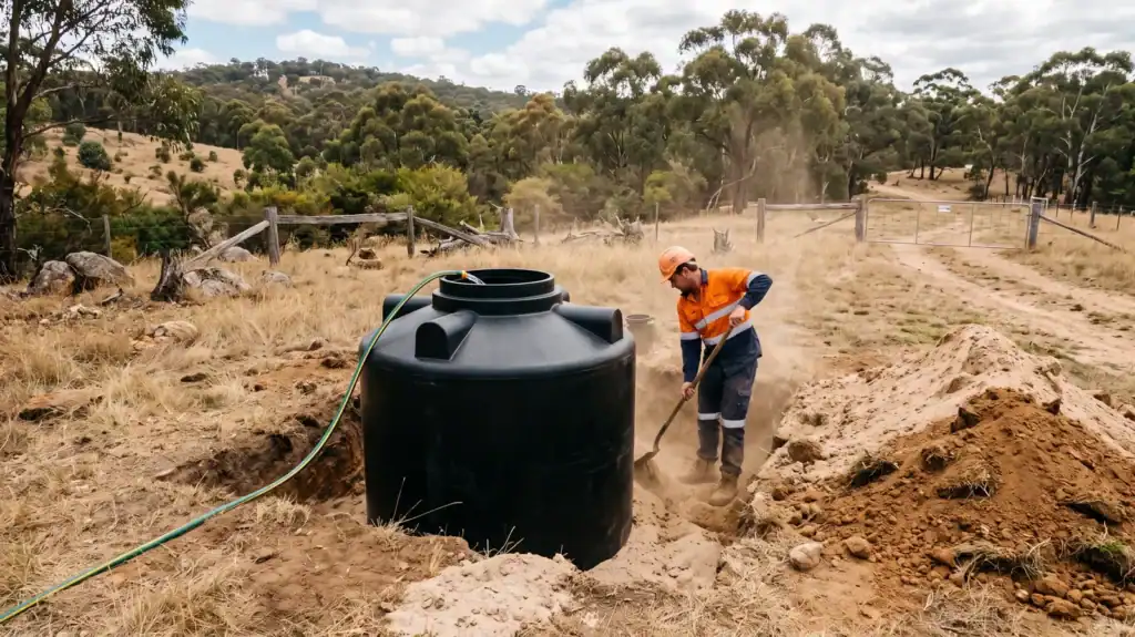 Poly septic tank being filled with water while it is backfilled