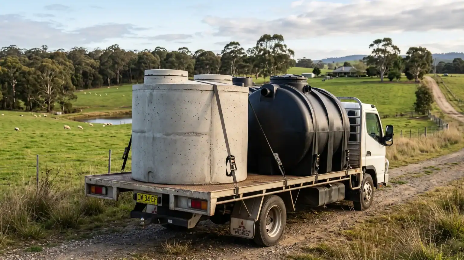 A concrete septic tank and a black poly septic tank on a delivery truck at a rural Australian property